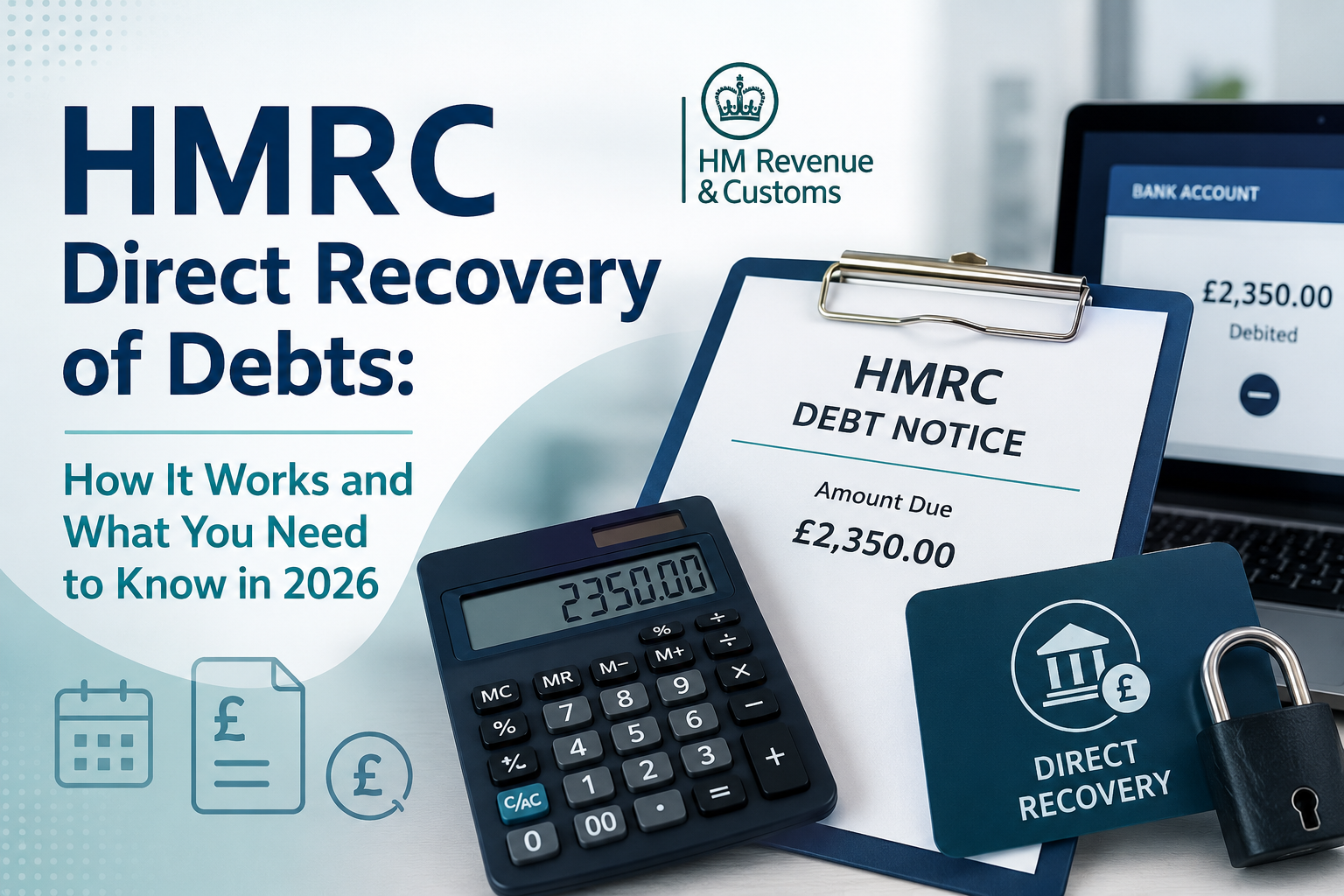 Person reviewing an HMRC tax debt letter next to a laptop showing their bank account